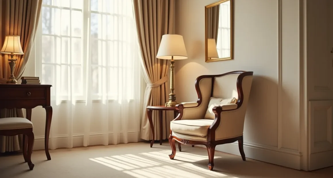 Mahogany high-back chair with scrolled armrests angled in a sunlit corner beside a side table and framed mirror.