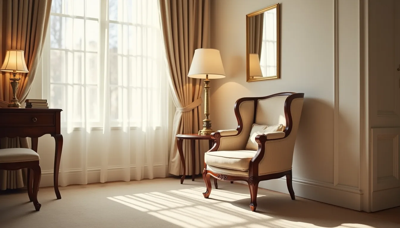 Mahogany high-back chair with scrolled armrests angled in a sunlit corner beside a side table and framed mirror.