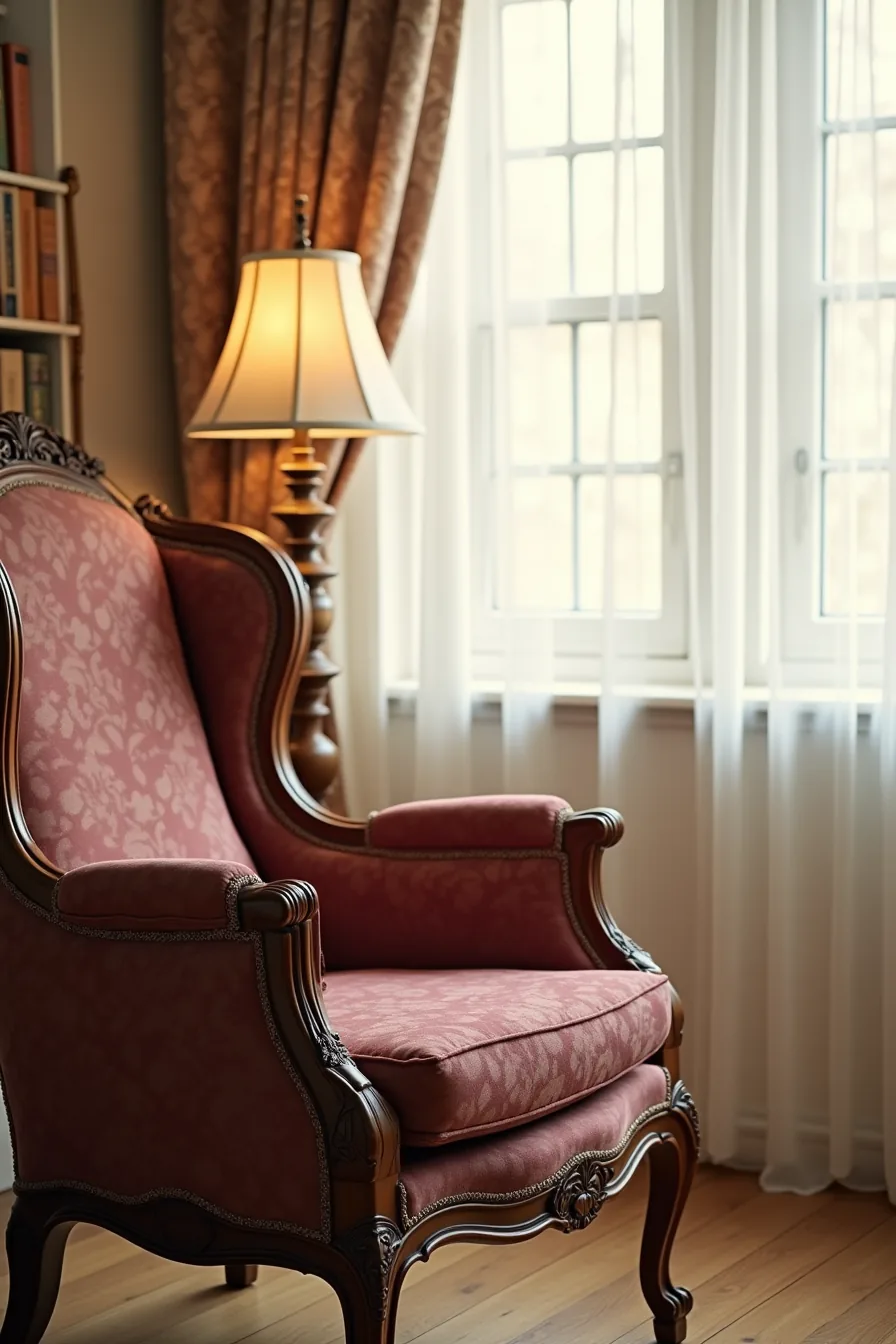 Ornate walnut carvings on a wingback chair's crest rail and legs with burgundy damask cushion against matching wallpaper.