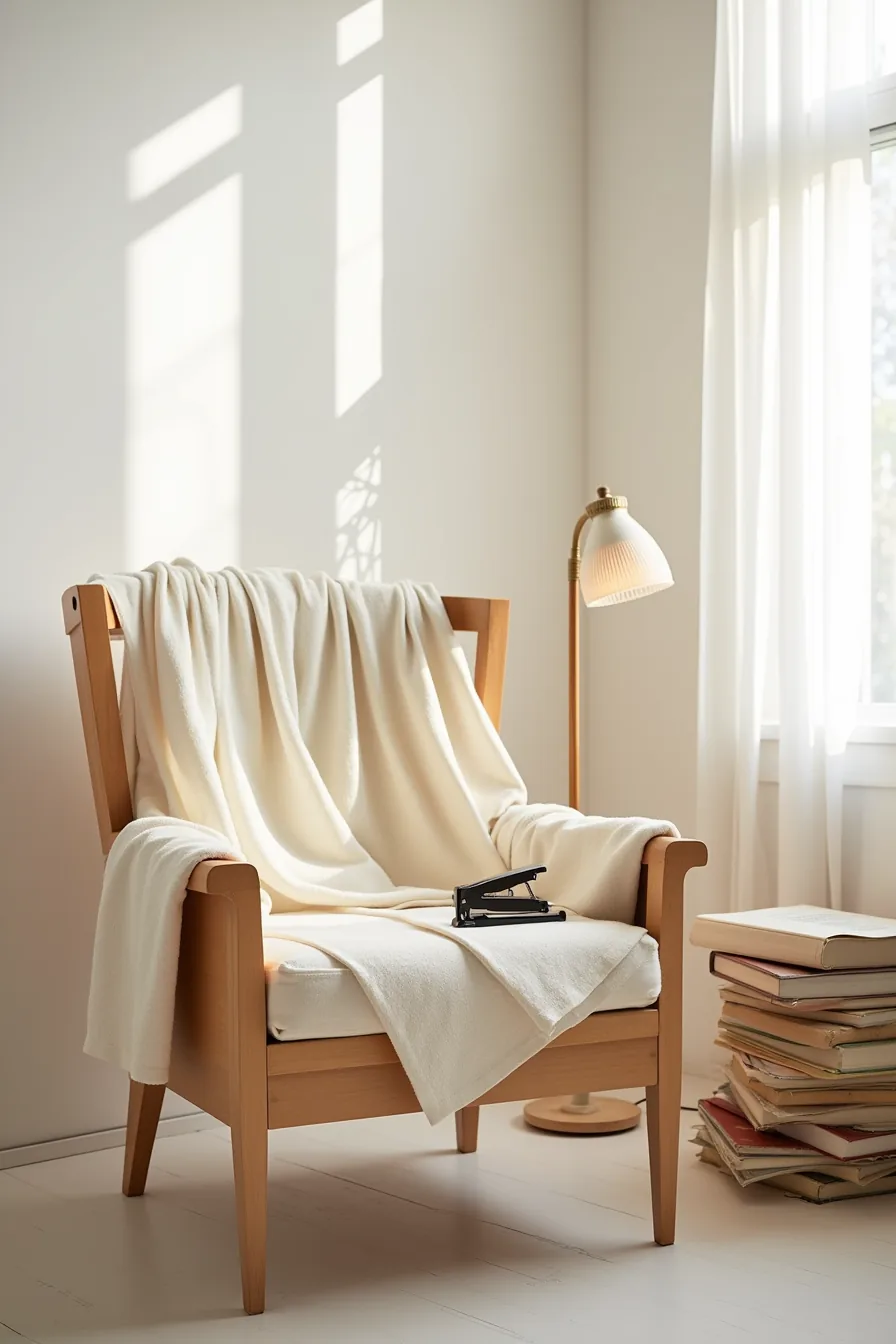 Bare wooden wingback frame with cream fabric swatches, staple gun, and thread spool during upholstery work.