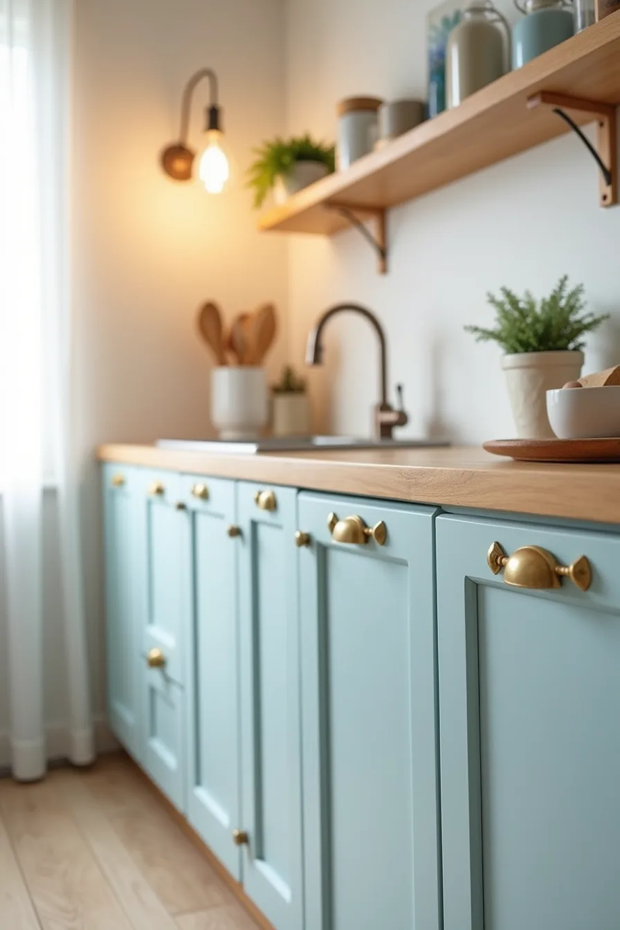 Soft blue painted cabinet with brass hardware shows wood grain beneath and detailed surface texture.