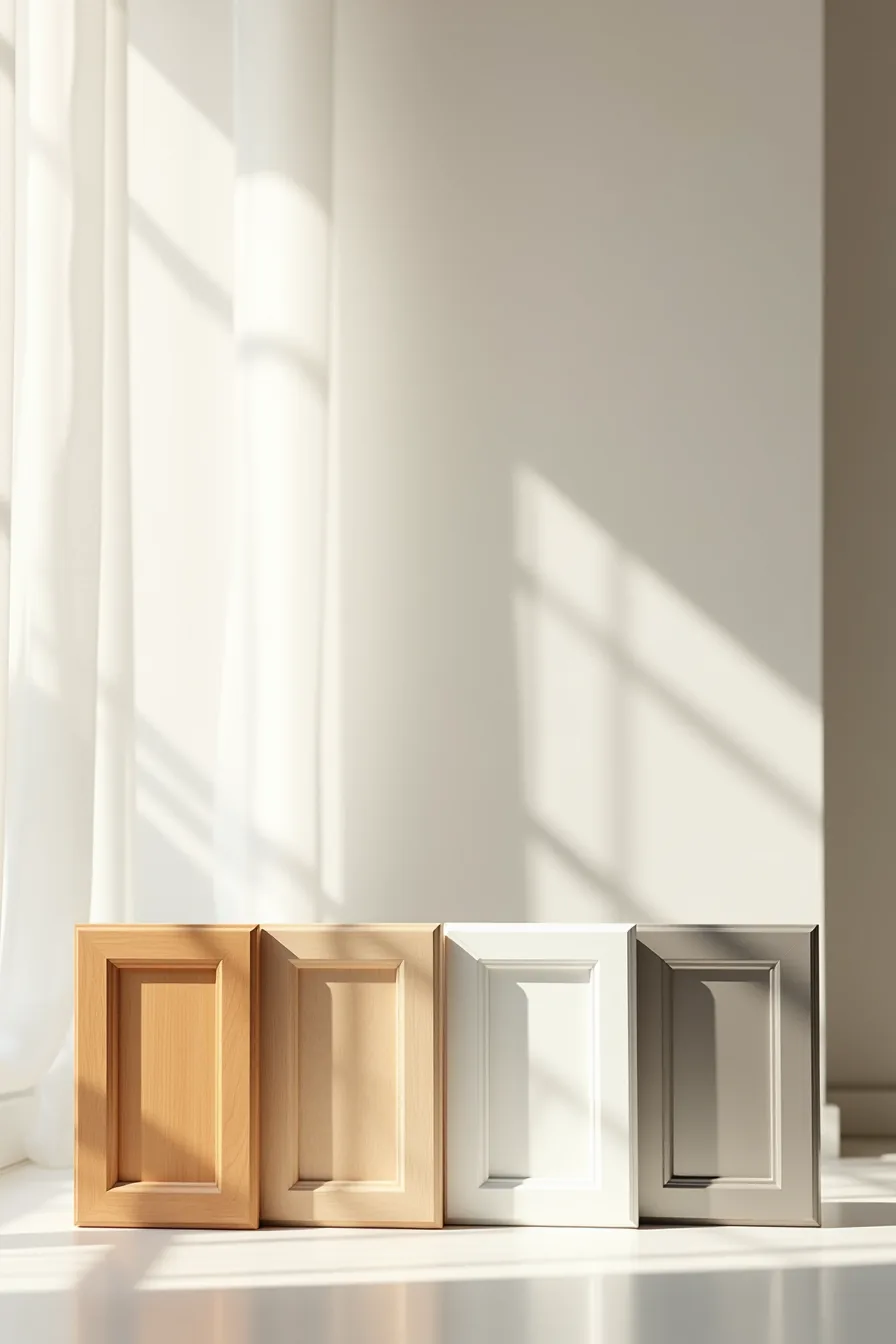 Four cabinet door samples showing natural wood, white laminate, brushed metal, and matte paint with varied surface textures.