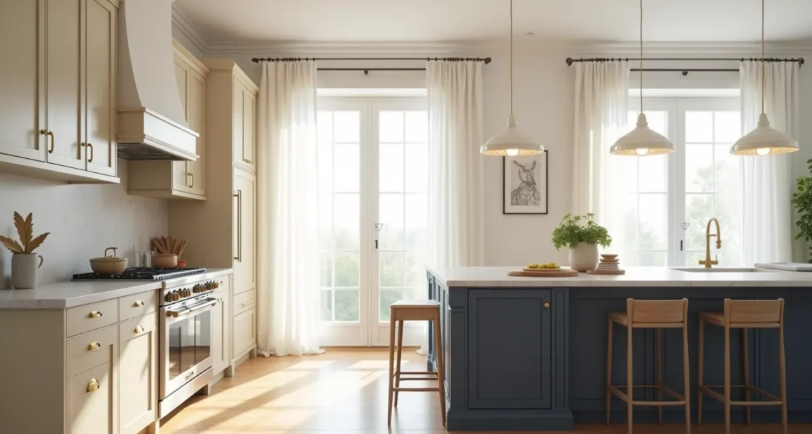 Cream cabinets line the kitchen perimeter with a navy island, marble countertops, and stainless steel appliances bathed in