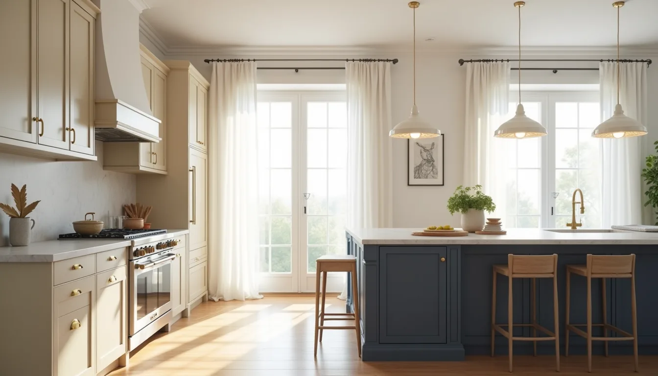 Cream cabinets line the kitchen perimeter with a navy island, marble countertops, and stainless steel appliances bathed in