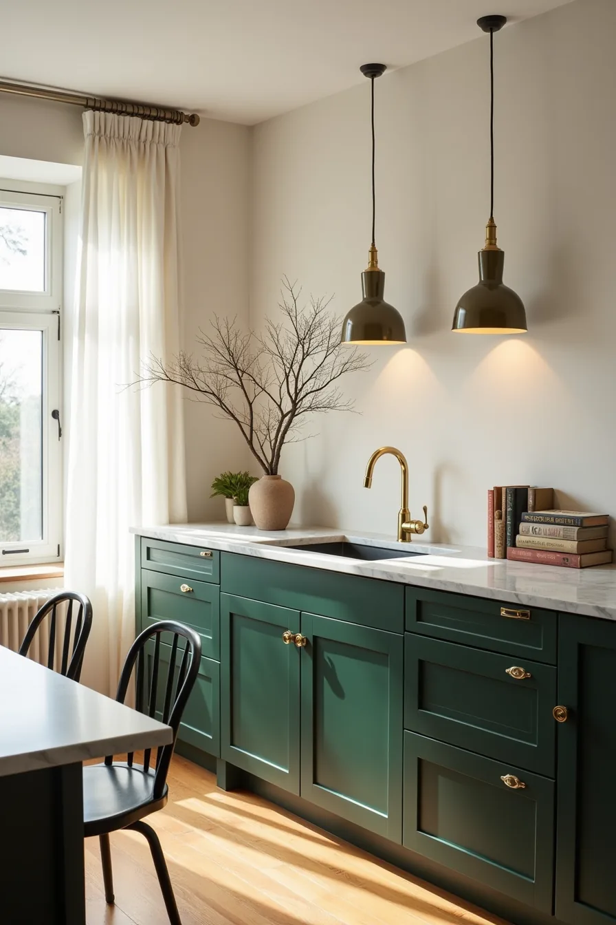 Deep forest-green cabinets showcase brass fixtures and hardware against white marble countertops and brass pendant lighting.