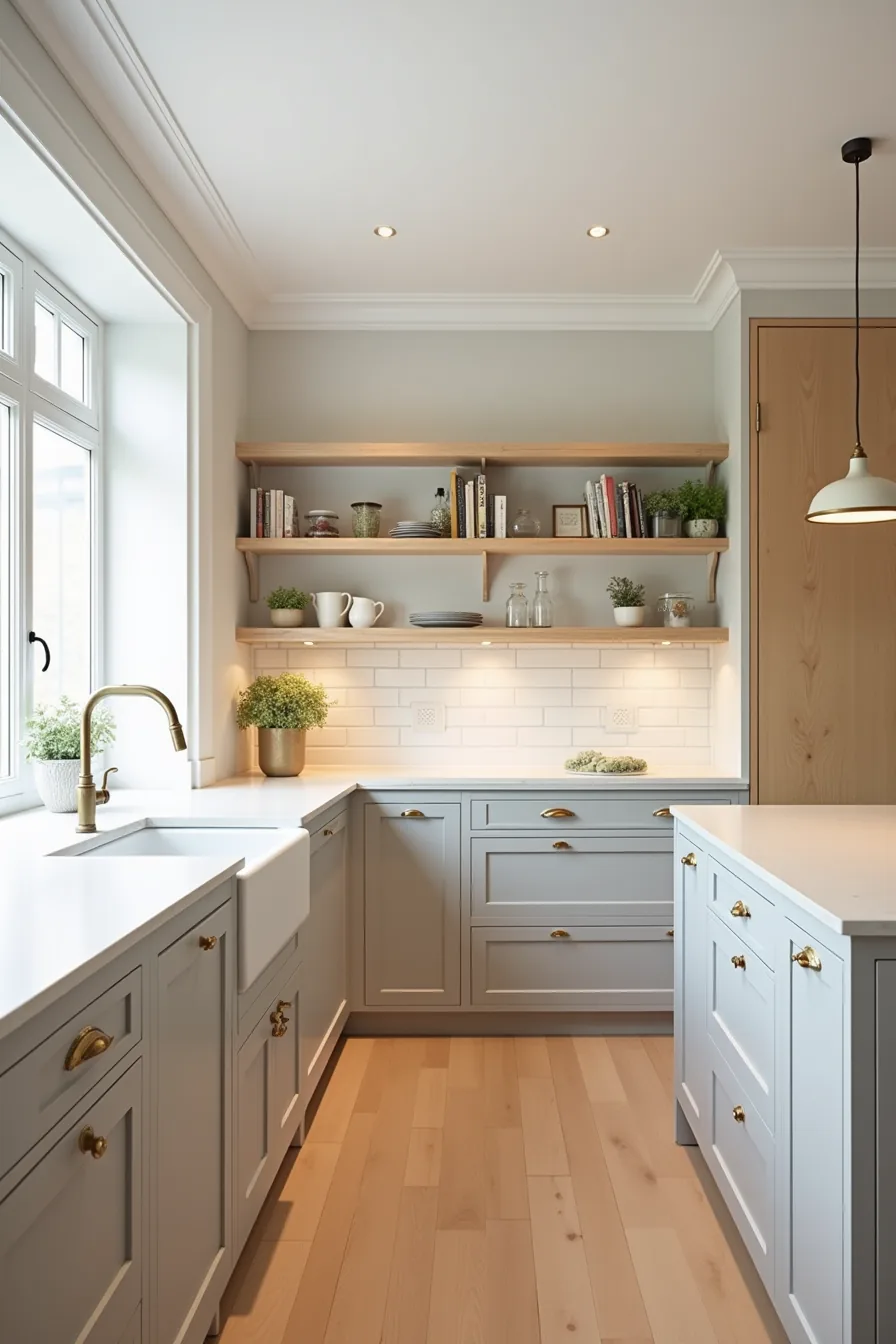 Greige cabinets with brass pulls and subway tile backsplash are paired with open oak shelving in warm natural light.