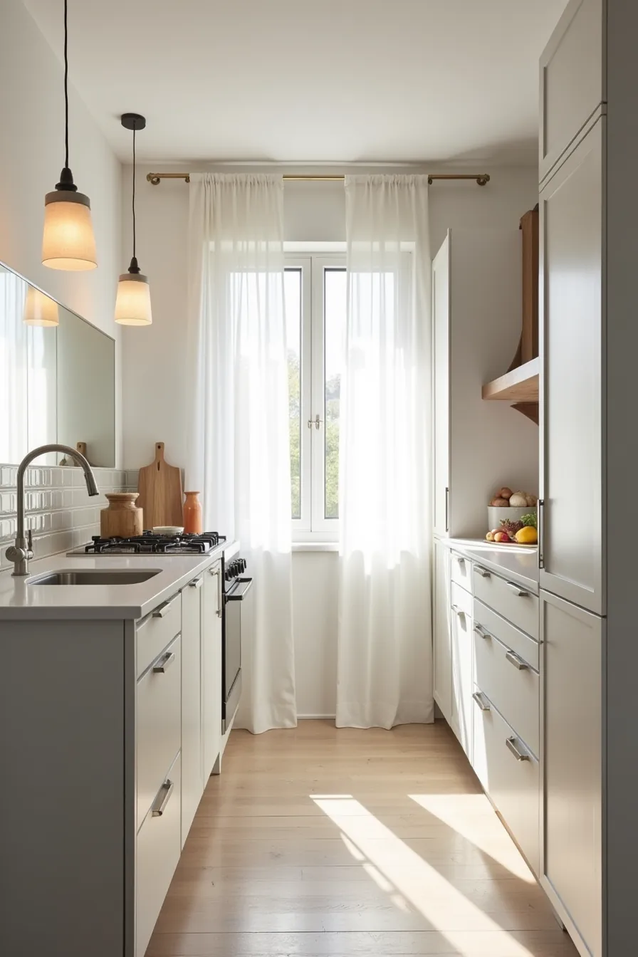 A narrow galley kitchen features pale gray cabinets, white quartz counters, and reflective mirror tiles brightening the