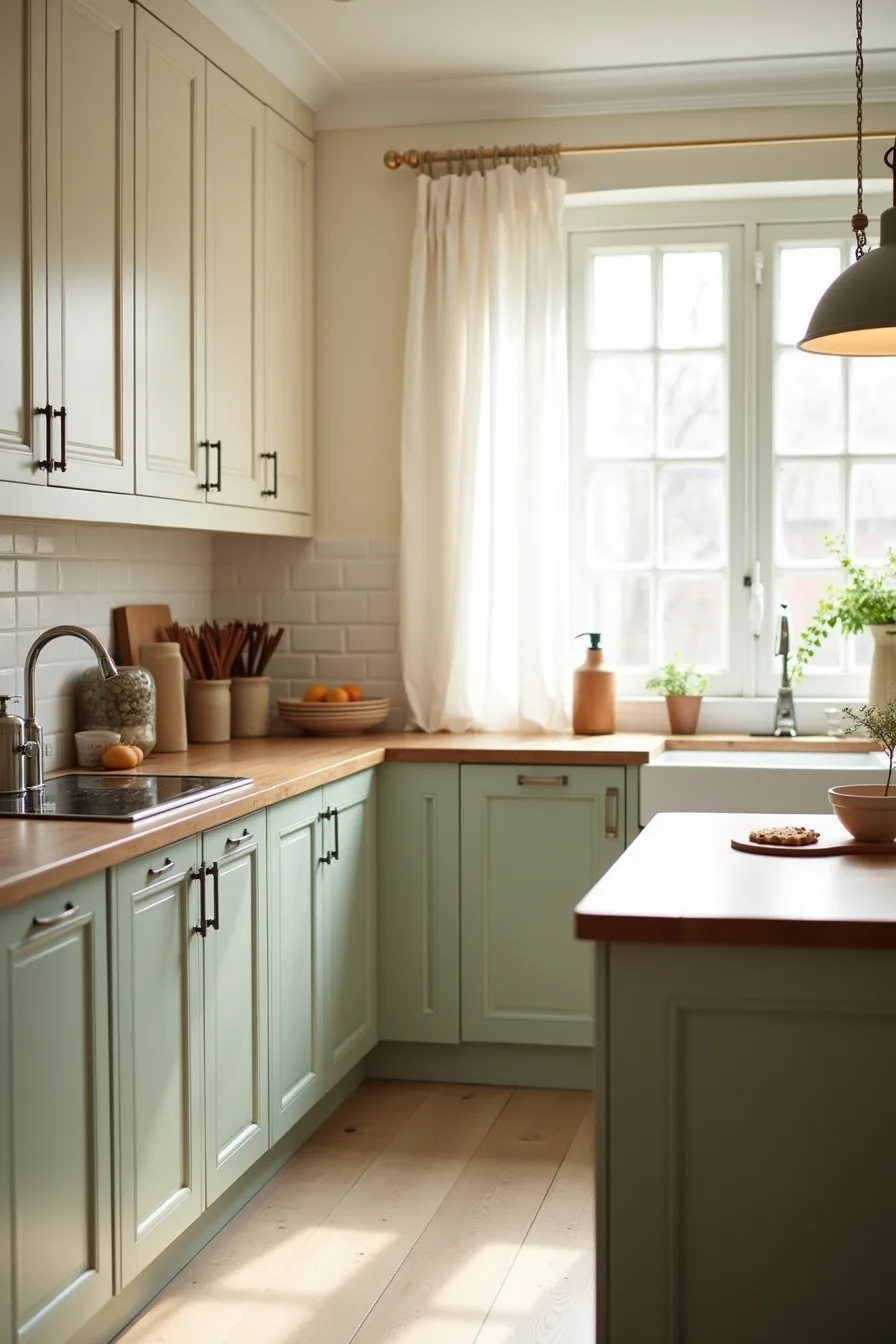 Sage-green lower cabinets transition to cream uppers around a window, with a warm gray island and butcher block counters.