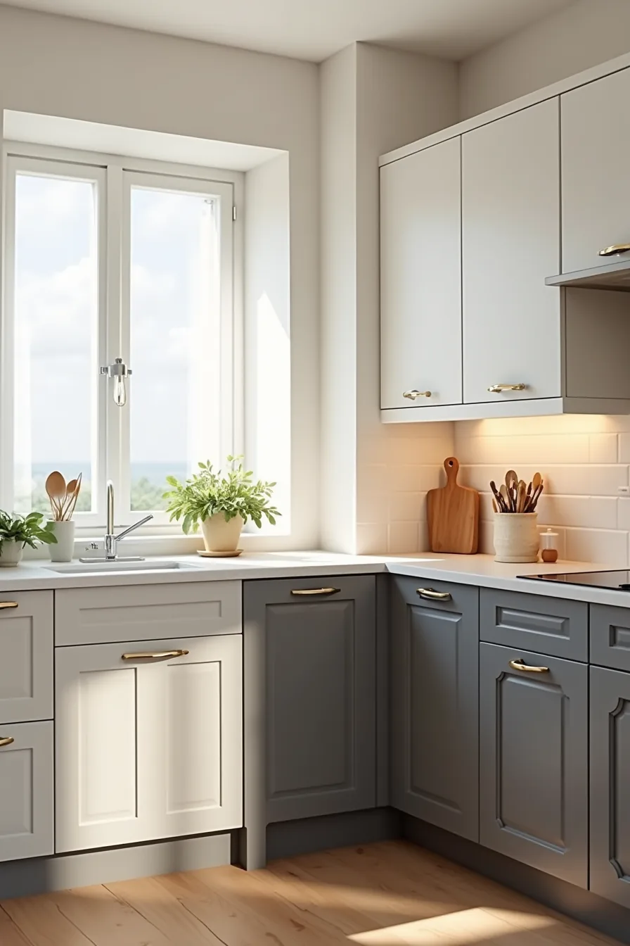 White and charcoal cabinets meet at a corner with contrasting hardware and backsplash tiles visible from above.