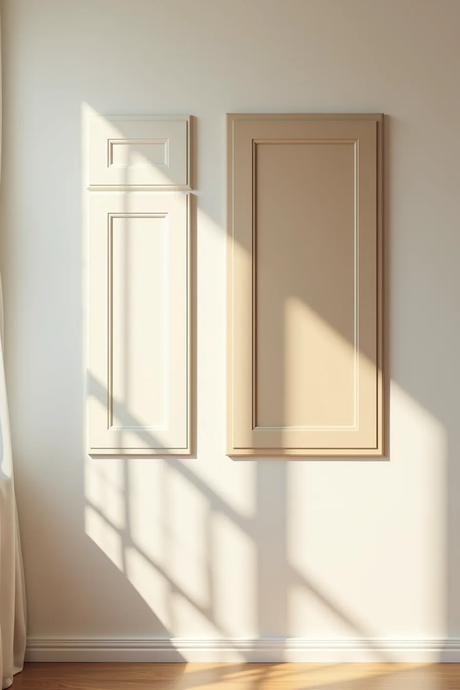 Three cabinet door finishes—cream, greige, and warm taupe—displayed side by side under natural light.