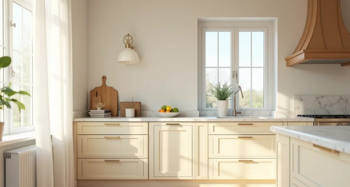 Cream kitchen island with marble top and steel hardware bathed in warm afternoon light.