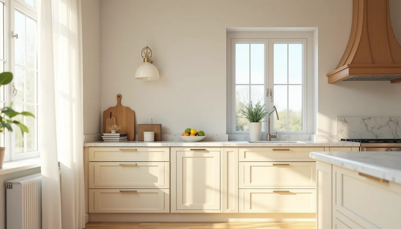 Cream kitchen island with marble top and steel hardware bathed in warm afternoon light.