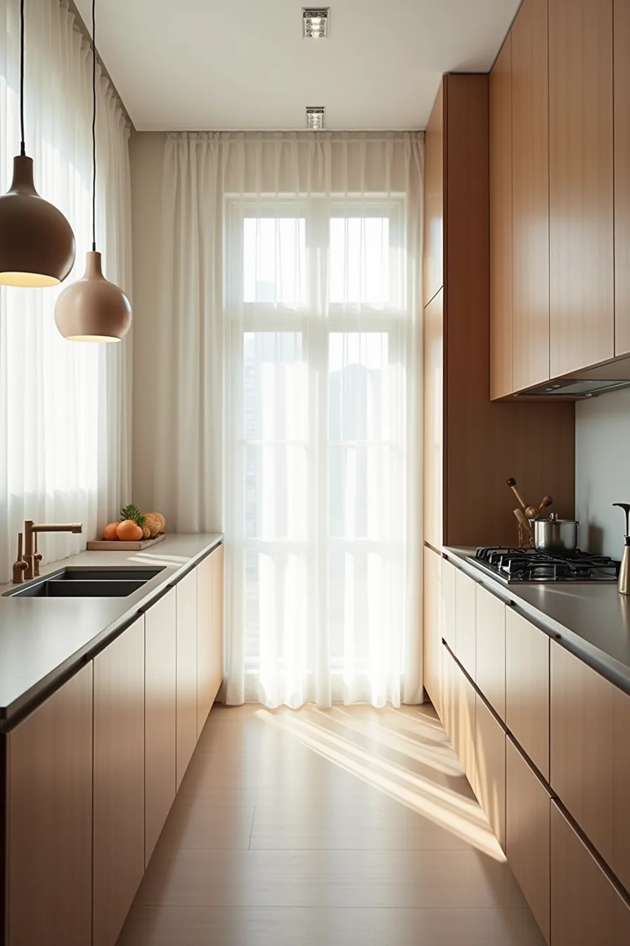 Three galley kitchens in pale greige, warm taupe, and deep charcoal showing proportion and visual weight differences.