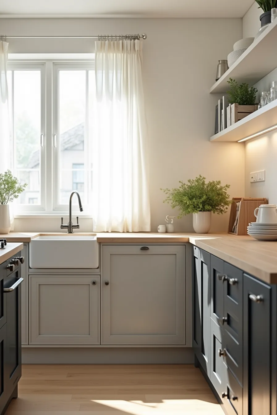 Light gray cabinets with dark quartz paired opposite dark cabinets with light oak countertop.