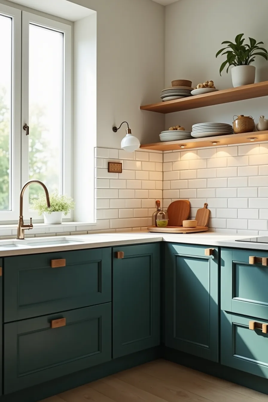 Navy lower cabinets and forest green upper shelving with white subway tile backsplash lit by window light.