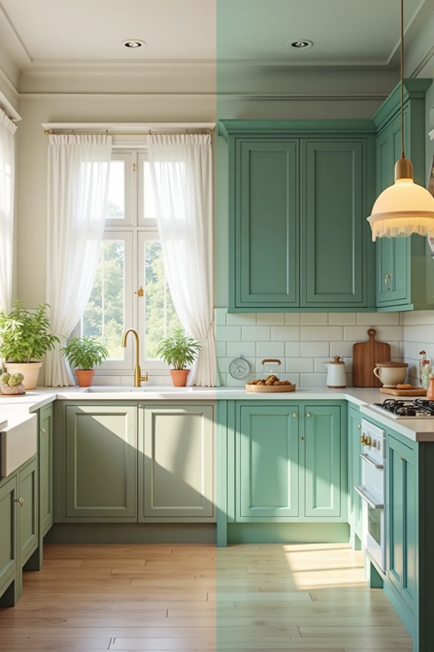 Muted sage-green soft-finish cabinets contrast with saturated emerald glossy-finish cabinets under matching lighting.