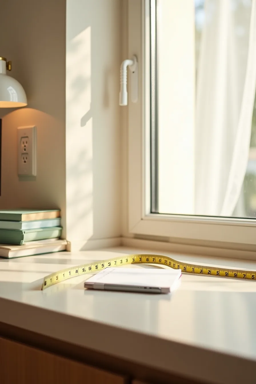 Measuring tape, notepad, and pen on kitchen counter with window and electrical outlet visible in corner.