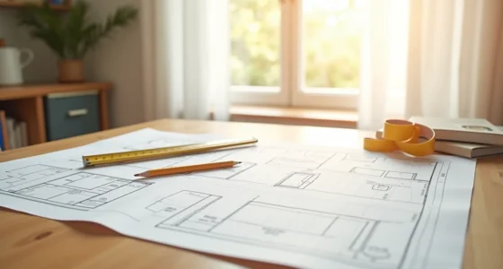 Kitchen floor plan sketch on graph paper with ruler, tape measure, and pencil marking cabinet dimensions.