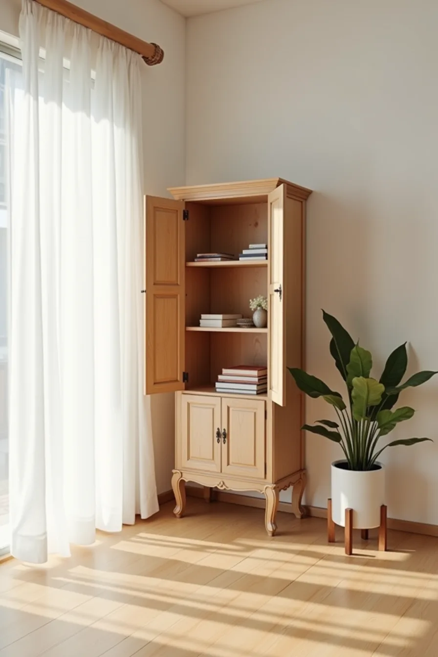 Freestanding wooden cabinet with carved legs and slightly open doors sits alone against a bare kitchen wall.