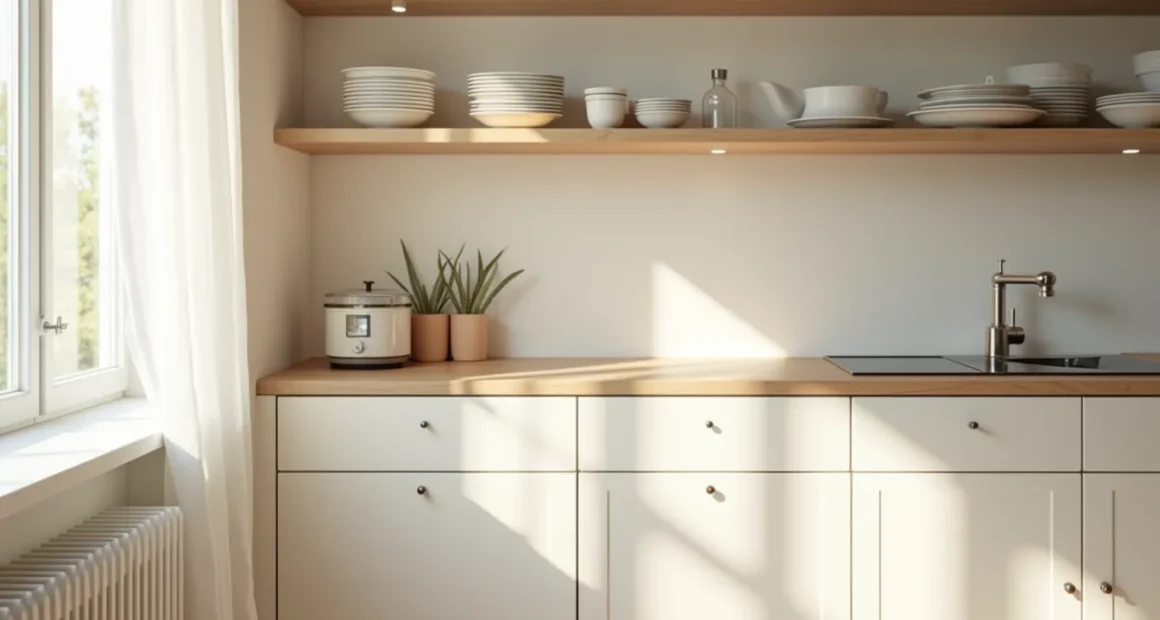 Overhead kitchen counter with glass shelves holding stacked white dinnerware next to a closed cabinet, with sunlight casting