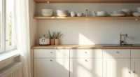 Overhead kitchen counter with glass shelves holding stacked white dinnerware next to a closed cabinet, with sunlight casting