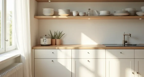 Overhead kitchen counter with glass shelves holding stacked white dinnerware next to a closed cabinet, with sunlight casting