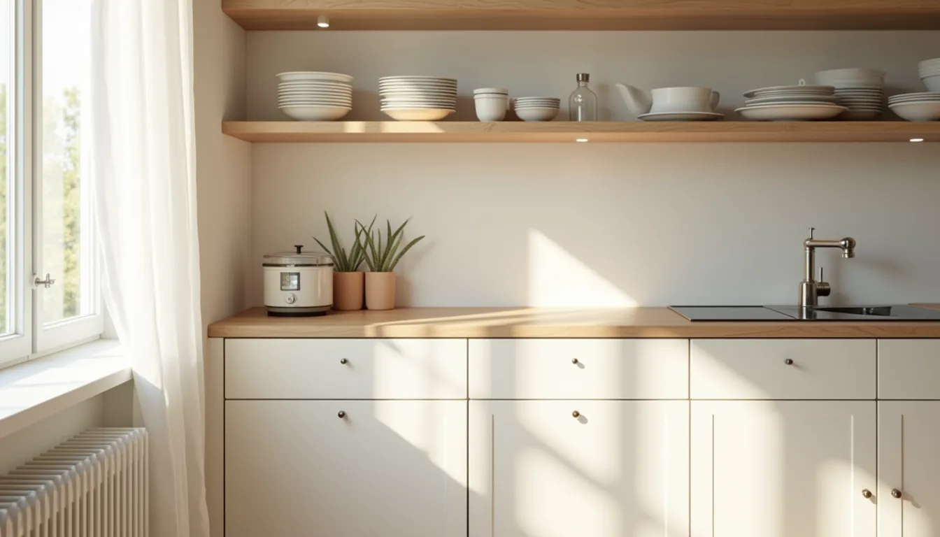 Overhead kitchen counter with glass shelves holding stacked white dinnerware next to a closed cabinet, with sunlight casting