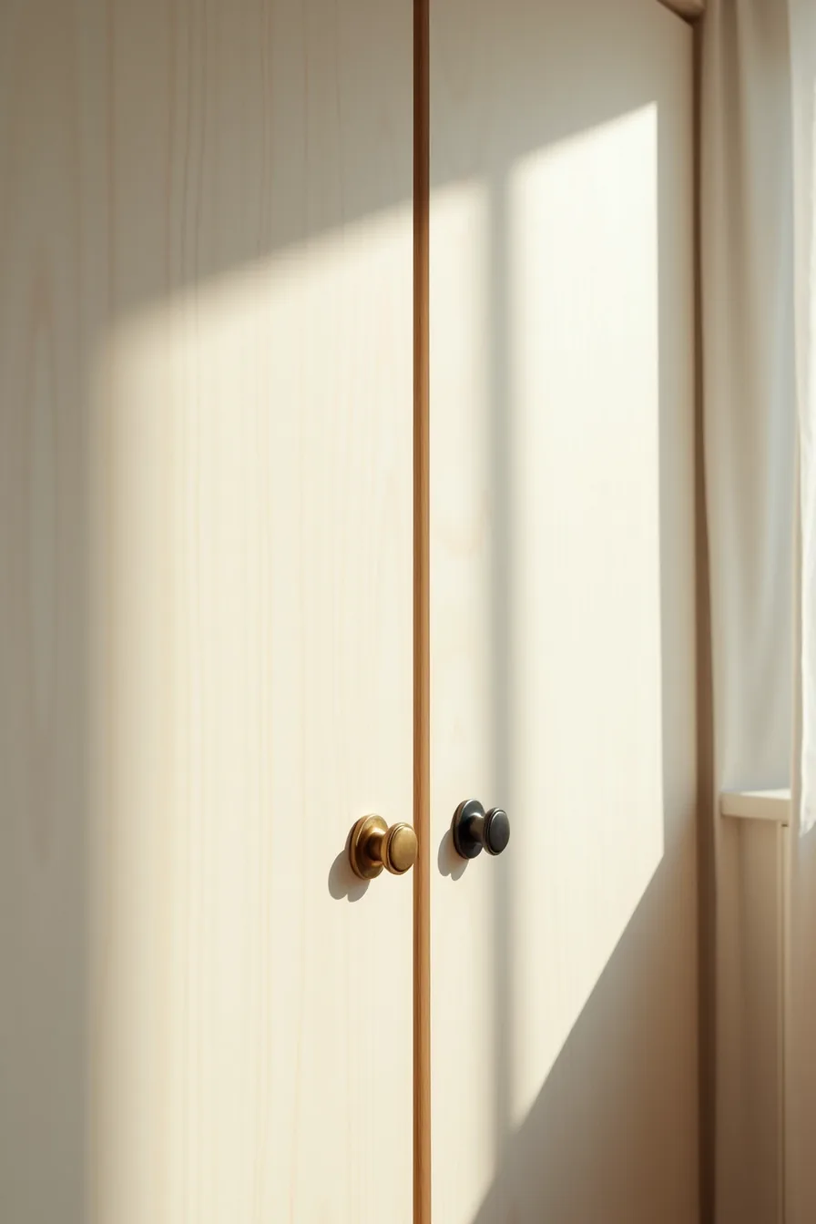 Two cabinet doors side by side, one with a round brass knob and one with a horizontal black bar pull, demonstrating grip