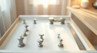 Six different cabinet handles—knobs, bar pulls, and cup pulls—arranged in pairs inside a drawer with a ruler showing scale.