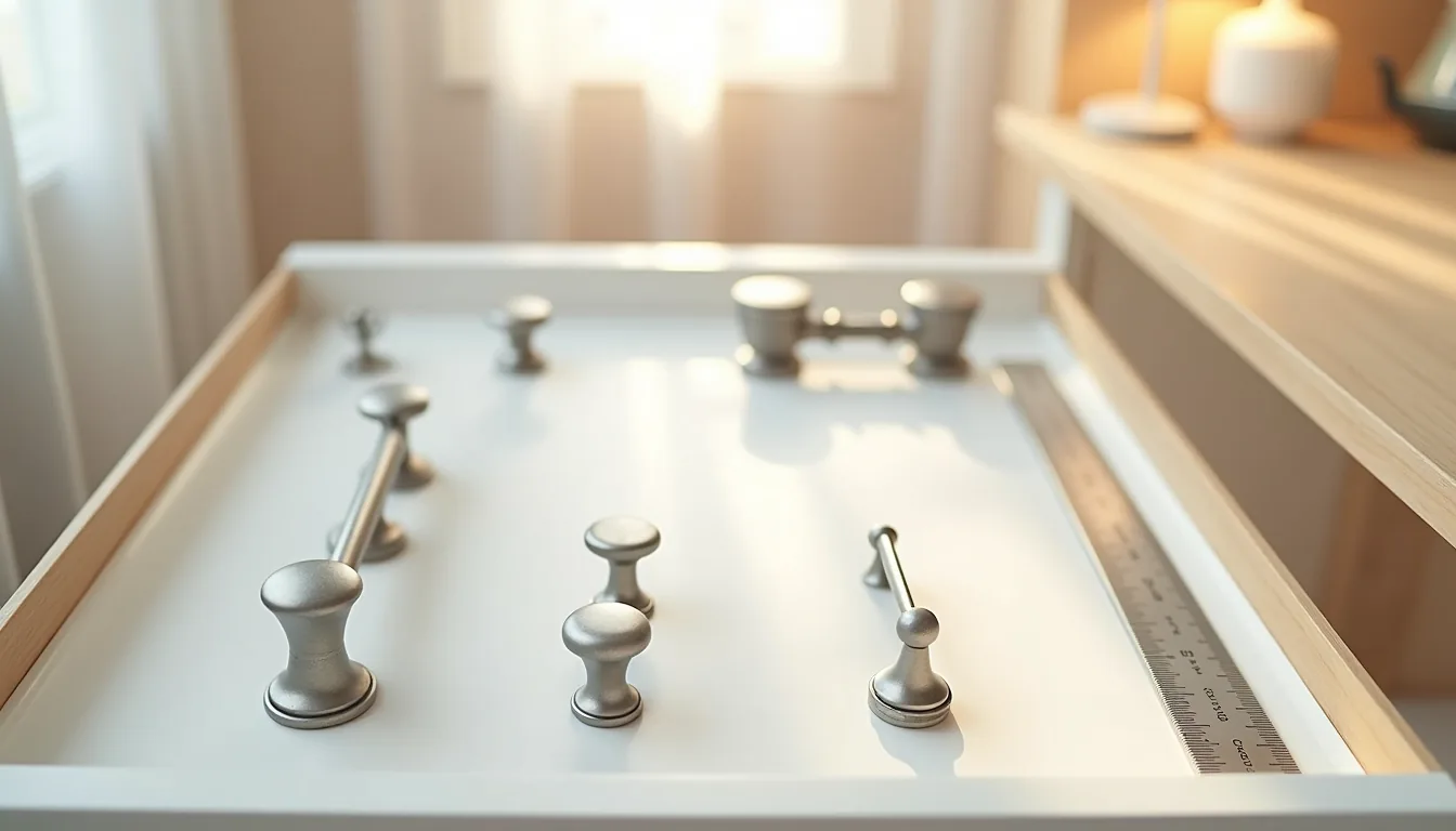 Six different cabinet handles—knobs, bar pulls, and cup pulls—arranged in pairs inside a drawer with a ruler showing scale.
