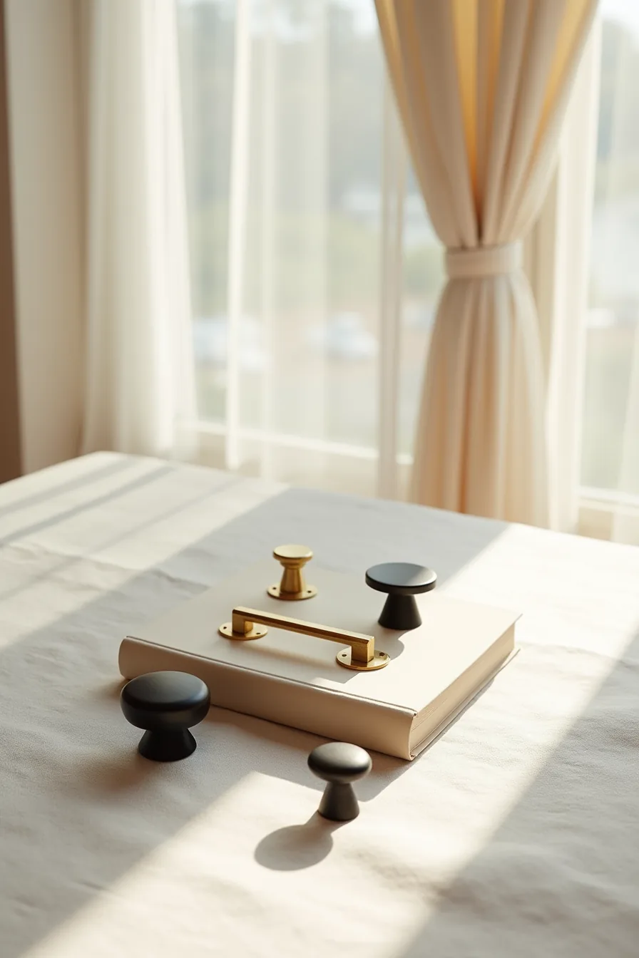 Four cabinet hardware pieces in different finishes arranged on linen—polished brass, brushed brass, matte black, and glossy