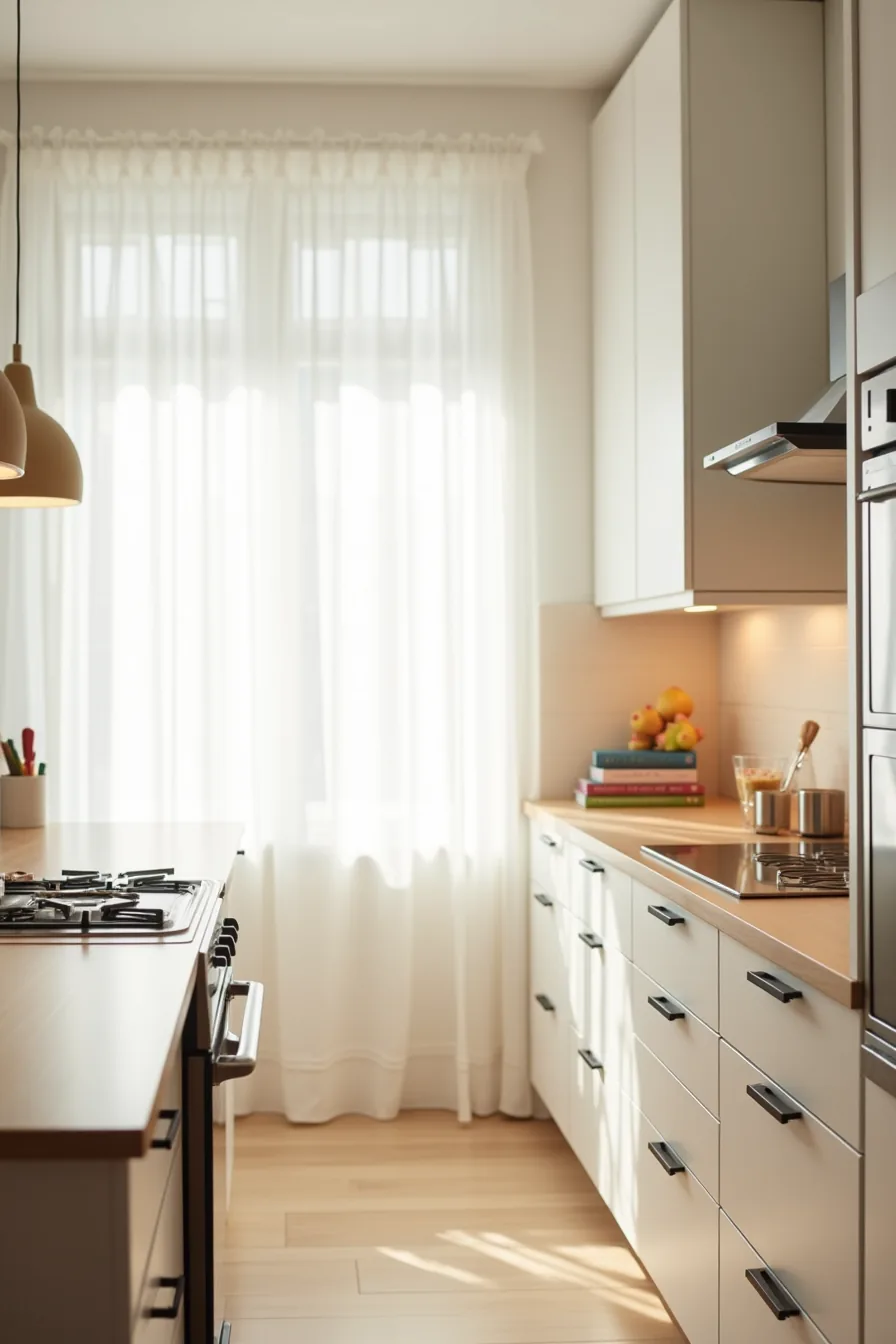 Modern kitchen cabinets with matte black bar pulls across six doors, stainless steel appliance and clean countertop visible.