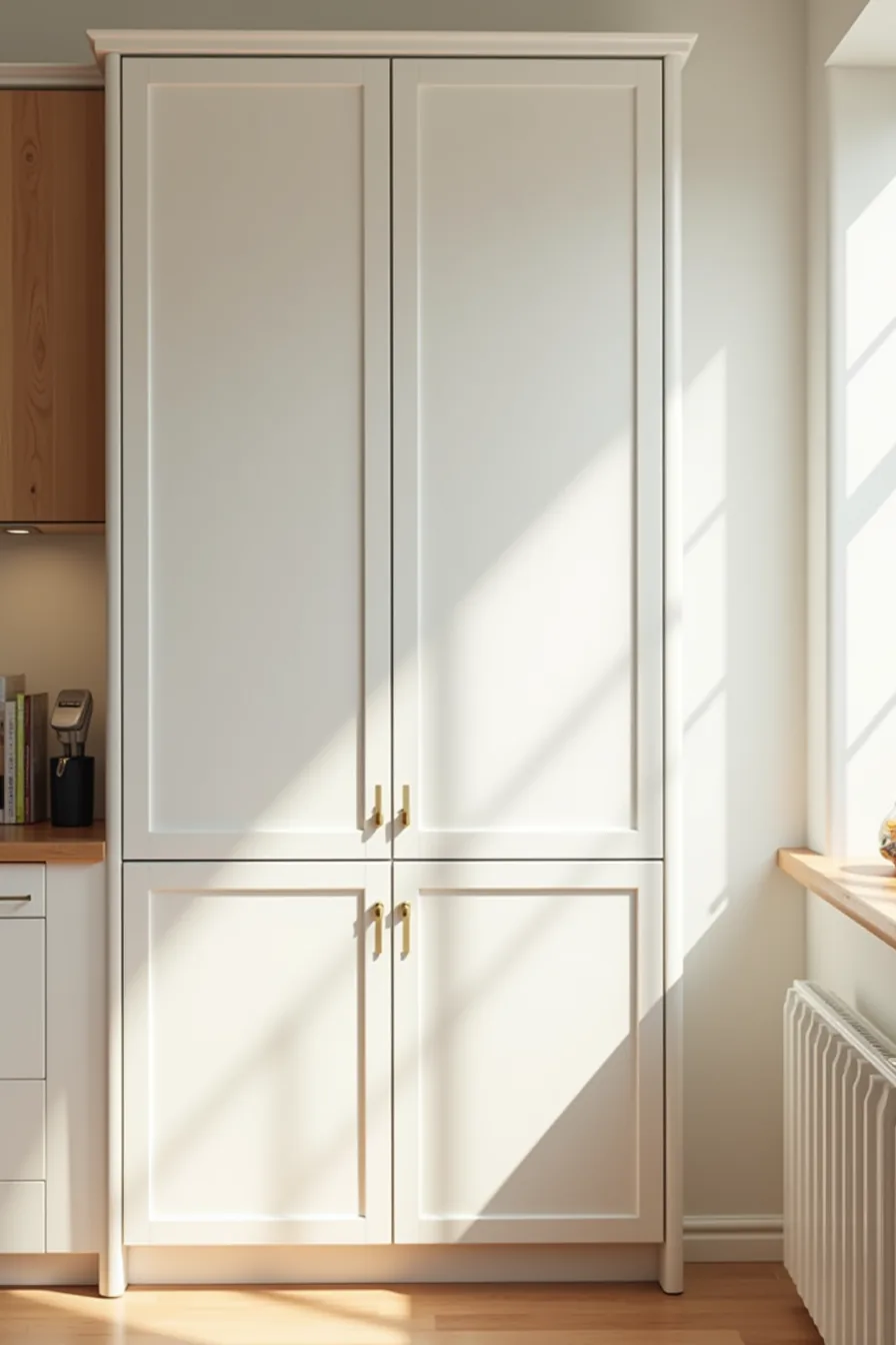 Three cabinet sections of different widths showing small knobs on narrow doors, medium pulls on standard doors, and long bar