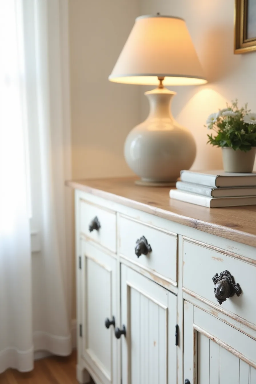Weathered white painted cabinet with three ornate cast-iron bail handles on drawer fronts.