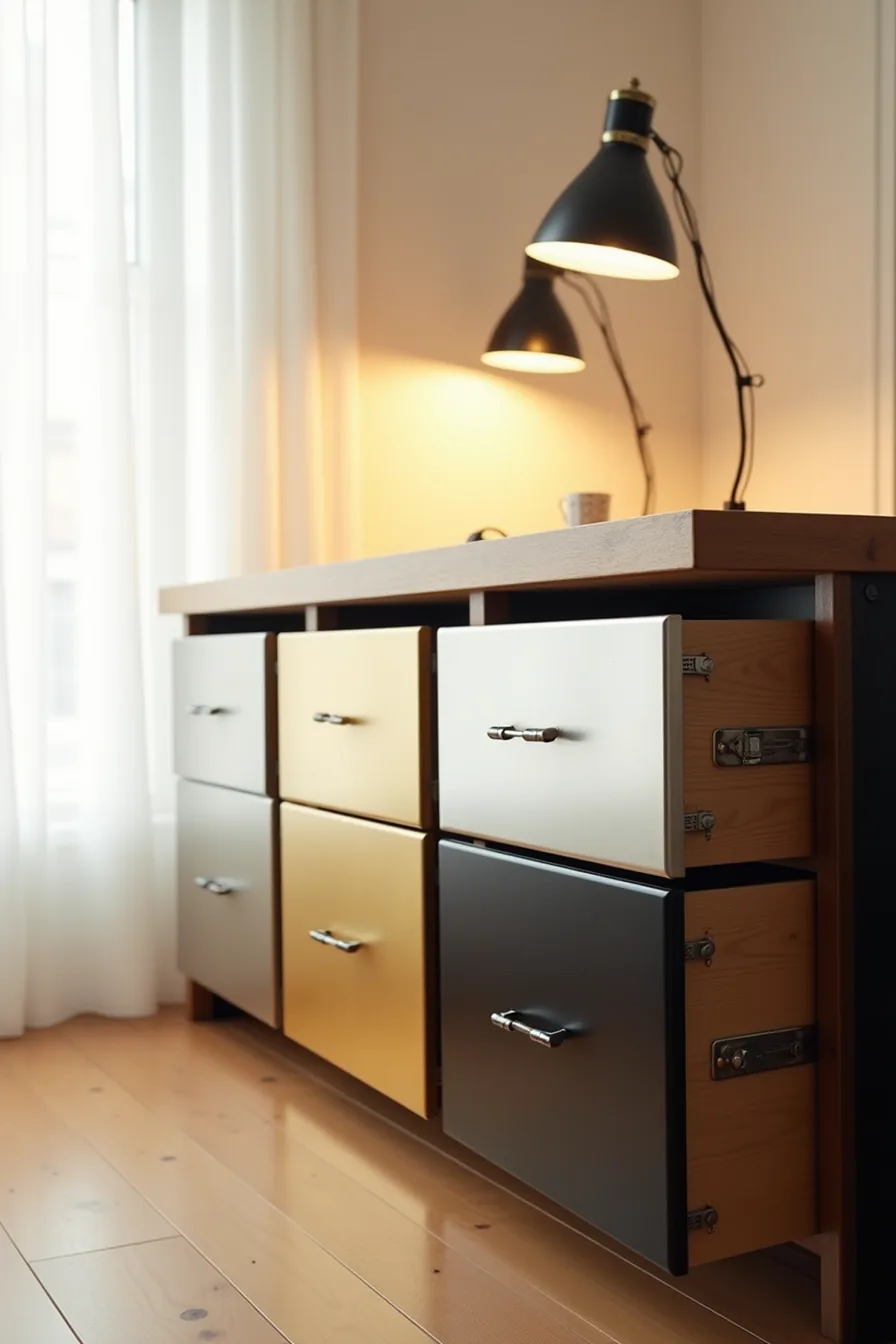 Four drawer fronts in different finishes displaying various wear patterns including patina, water spots, paint wear, and
