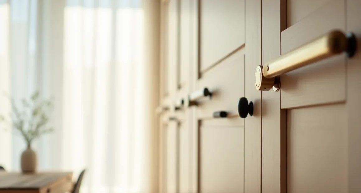 Five cabinet pulls in different metal finishes lined up side by side on a cabinet door.