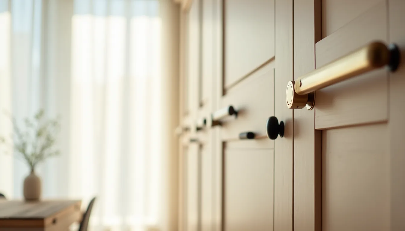 Five cabinet pulls in different metal finishes lined up side by side on a cabinet door.