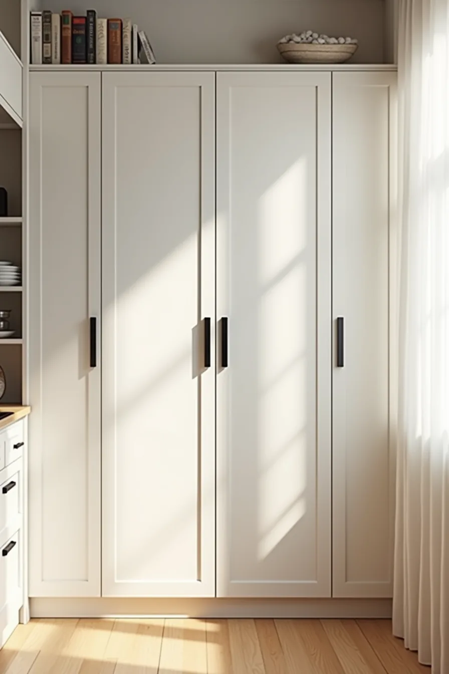 Tall pantry cabinet with four black linear pulls spaced evenly down the front doors.