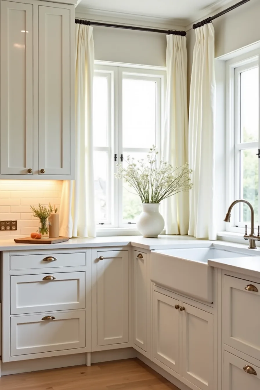 Kitchen island with chrome handles on the left side and brass handles on the right side of lower cabinets.