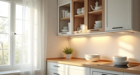 Glass-front and solid wood cabinets sit adjacent with white dinnerware and stainless steel handles.