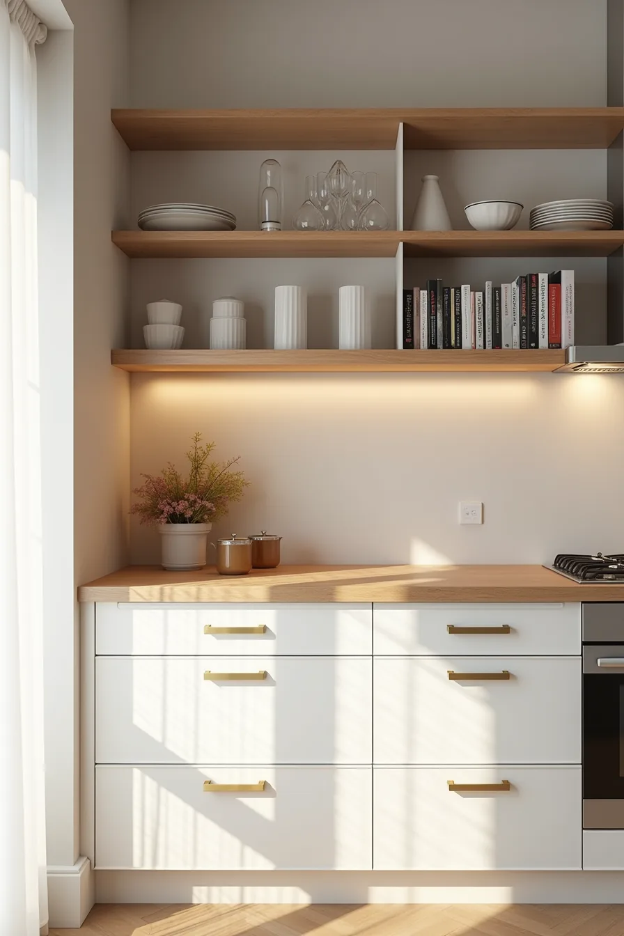 Custom kitchen unit with closed lower drawers, open middle shelves with cookbooks, integrated countertop, and upper open