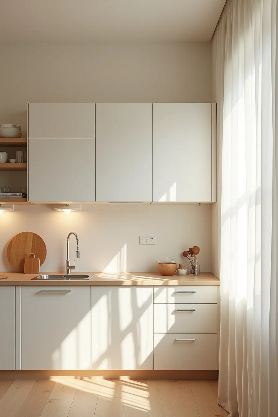 Three kitchen layouts shown from above displaying wall-mounted, standard, and floor-to-ceiling cabinet systems at different