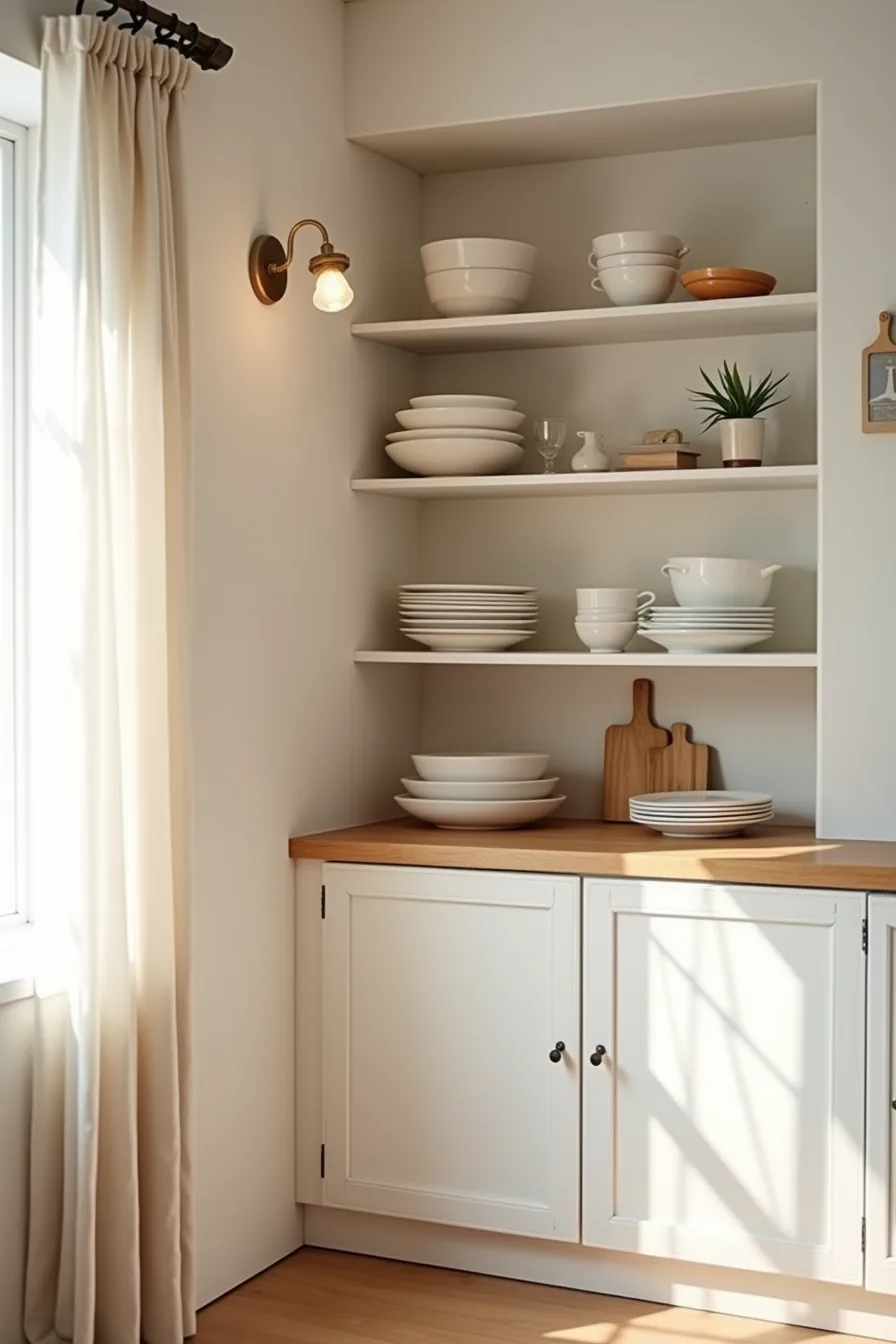 Kitchen corner split view comparing open shelves with stacked bowls and glassware against matching closed cabinet doors.
