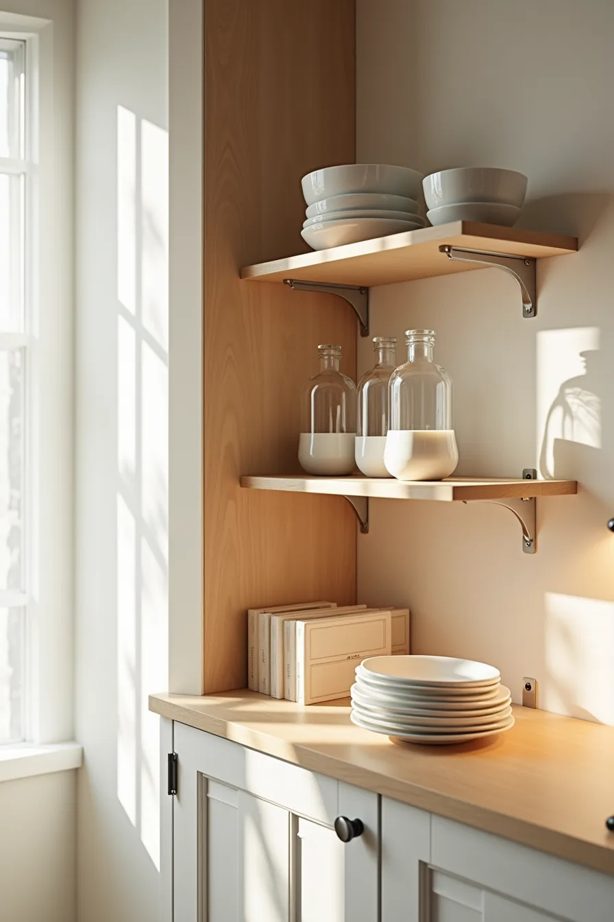 Cabinet with metal adjustable shelves positioned at different heights to accommodate tall bottles below and small bowls