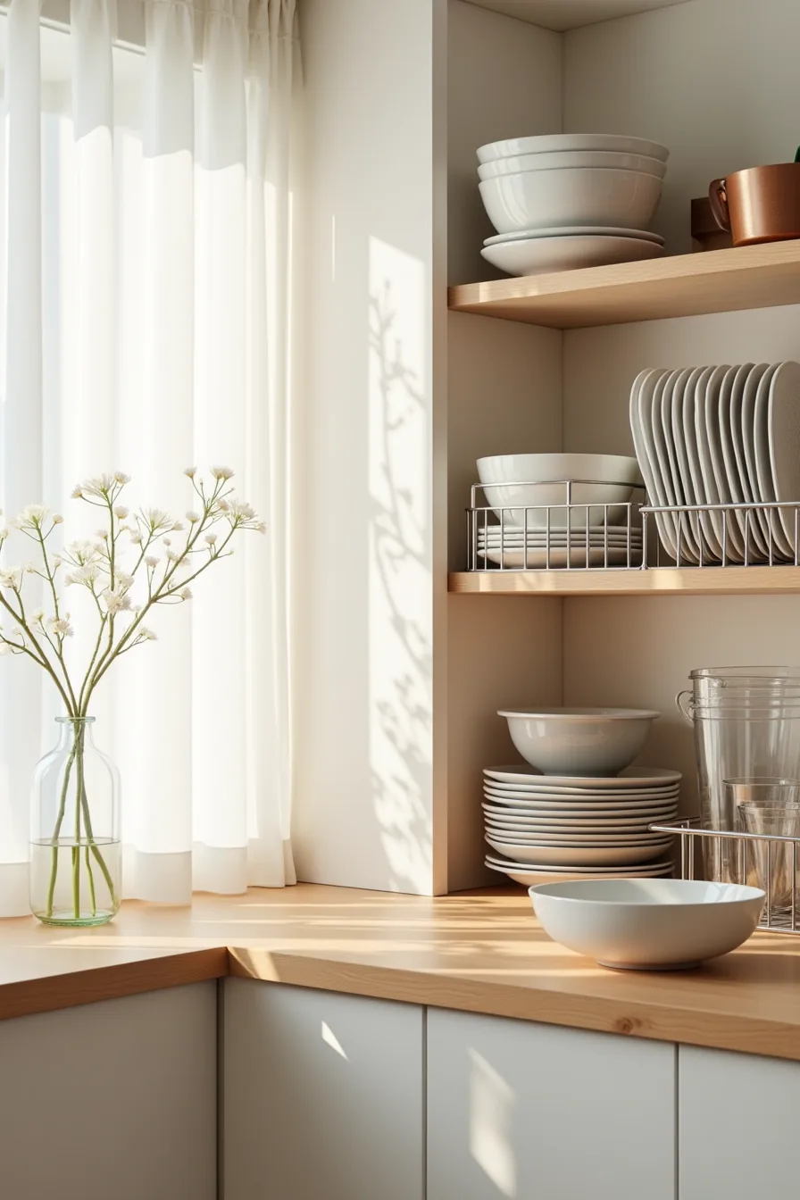 Organized cabinet shelf with nested stainless steel bowls, stacked white plates, baking sheet rack, and glass measuring cups.