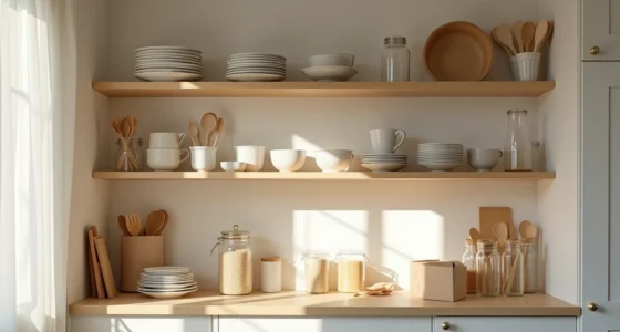 Disorganized kitchen cabinet with stacked plates, loose utensils, cardboard boxes, and jars creating clutter across shelves.