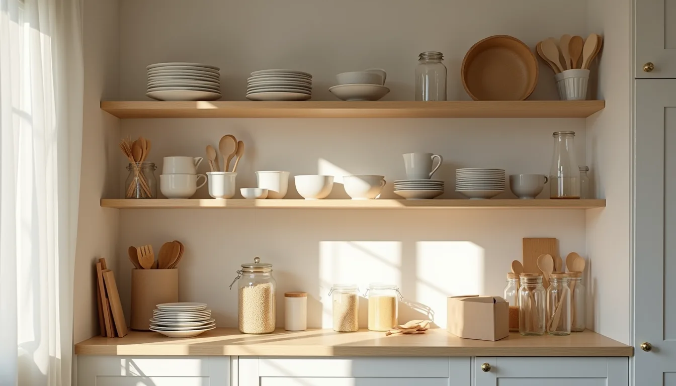 Disorganized kitchen cabinet with stacked plates, loose utensils, cardboard boxes, and jars creating clutter across shelves.