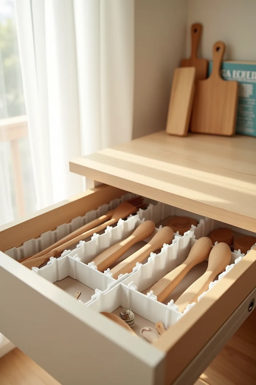 Drawer divided into plastic compartments storing wooden spoons, measuring spoons, and small utensils in separate sections.