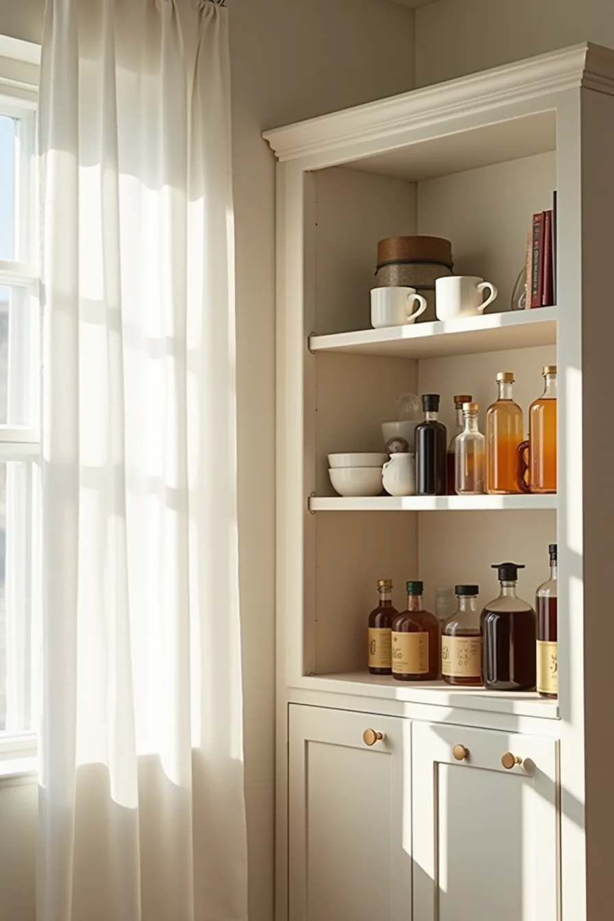 Cabinet shelf at eye level with coffee mugs on the left, cooking oils and vinegars on the right, and mixing bowls in the