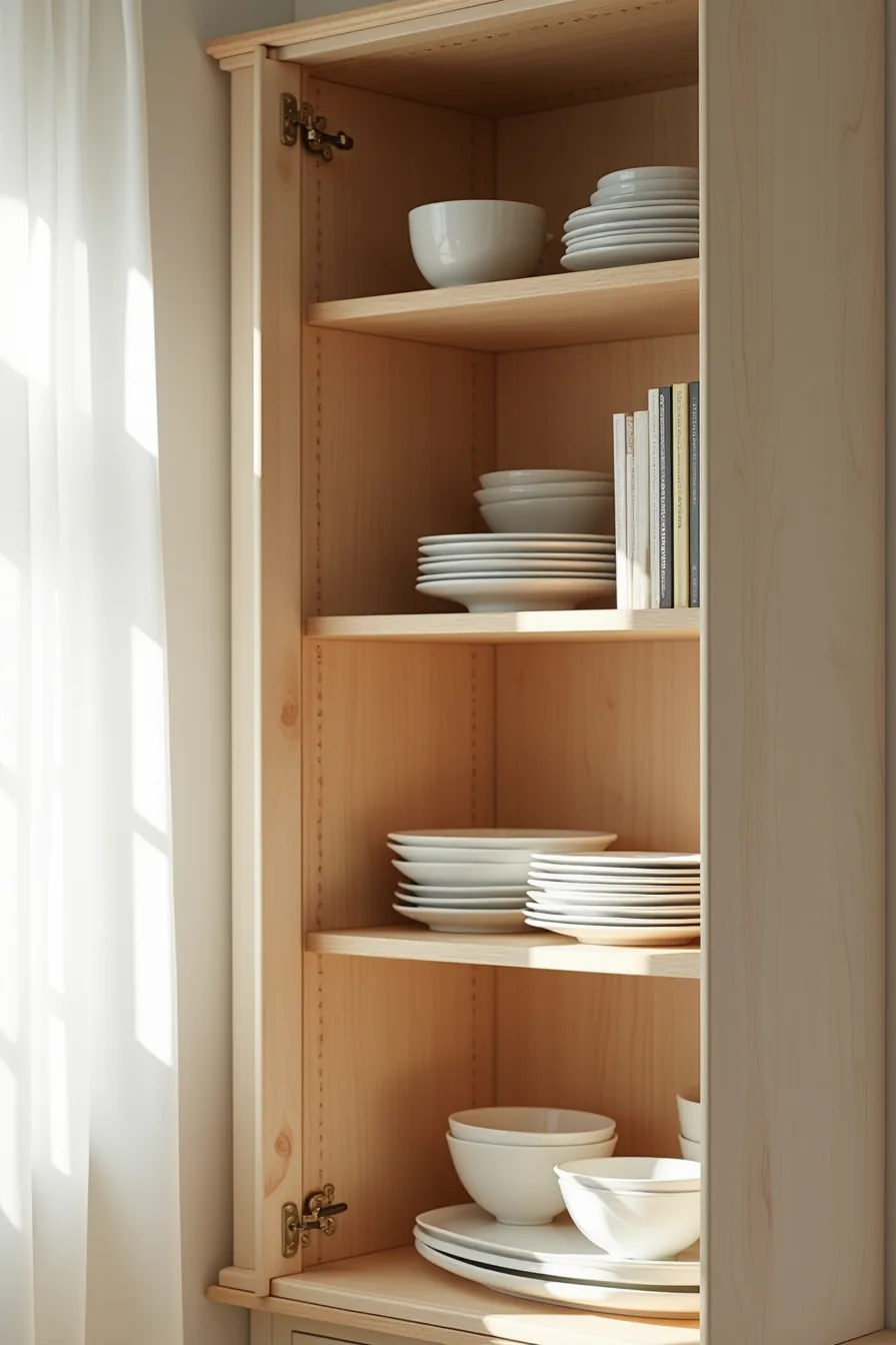 Tall cabinet with three wooden shelves and vertical dividers neatly organizing stacked plates, bowls, and serving dishes.